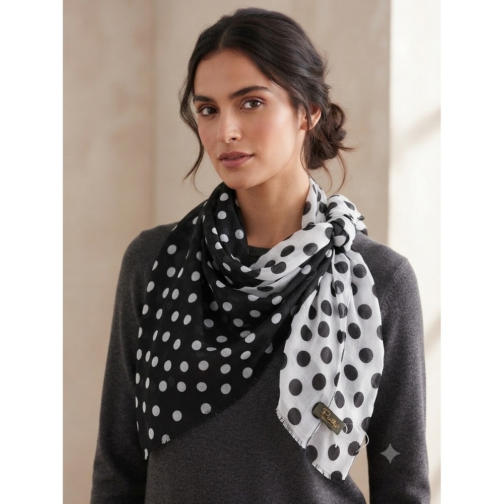 Pretty Persuasions Polka Dot Scarf Black White Colorblock 100% Viscose Square